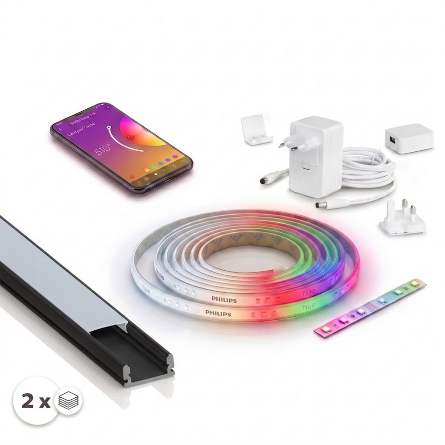 Komplekt 1x hämardatav LED RGBW riba Philips Hue WHITE AND COLOR AMBIANCE LED/20W/230V 2 m + 2x sisseehitatav profiil 1 m must/valge
