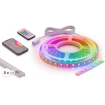 KOMPLEKT 1x hämardatav LED RGBW-valgusriba NEO LITE MUSIC LED/24W/230V 5 m IP65 Wi-Fi Tuya + 5x süvistatav profiil 1 m hõbe/valge + kaugjuhtimispult