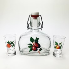 Komplekt 1x klaas pudel ja 2x pitsid läbipaistev puuvilja motiiviga