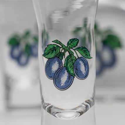 Komplekt 1x klaaspudel ja 2x pitsid läbipaistev ploomi motiiviga