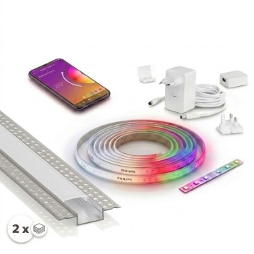 KOMPLEKT 1x LED RGBW hämardatav LED-riba Philips Hue WHITE AND COLOR AMBIANCE LED/20W/230V 2 m + 2x sisseehitatav profiil 1 m hõbe/valge