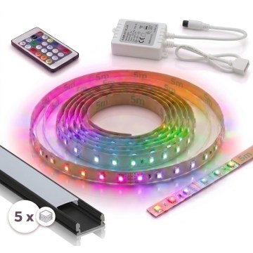 Komplekt 1x LED RGBW hämardatav riba DIGITAL LED/16,5W/230V 5 m + 5x sisseehitatavat profiili 1 m must/valge + kaugjuhtimispult