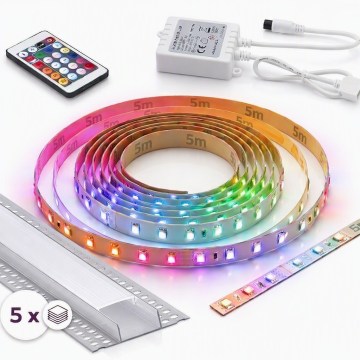Komplekt 1x LED RGBW hämardatav riba DIGITAL LED/16,5W/230V 5 m + 5x süvistatav profiil 1 m hõbe/valge + kaugjuhtimispult