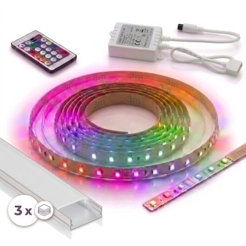 Komplekt 1x LED RGBW hämardatav riba DIGITAL LED/9,6W/230V 3 m + 3x süvistatav profiil 1 m hõbedane/valge + kaugjuhtimispult