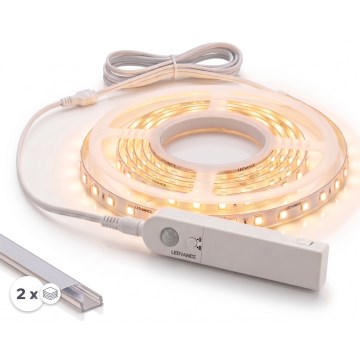 Komplekt 1x LED-riba liikumisanduriga FLEX LED/3,6W/4xAA 2 m + 2x sisseehitatav profiil 1 m hõbedane/valge