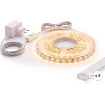 Komplekt 1x LED-riba MYLIVING LIGHTSTRIP LED/22W/230V 5 m + 5x 1 m sisseehitatavat profiili, hõbe/valge