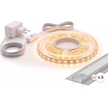 Komplekt 1x LED-riba MYLIVING LIGHTSTRIP LED/22W/230V 5 m + 5x sisseehitatav profiil 1 m, hõbedane/valge