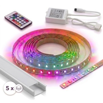 Komplekt 1x RGBW hämardatav LED-riba DIGITAL LED/16,5W/230V 5 m + 5x sisseehitatav profiil 1 m hõbe/valge + kaugjuhtimispult