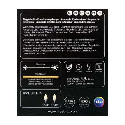 Komplekt 2 x LED Hämardatav pirn Philips Hue WHITE E14/5,5W/230V 2700K