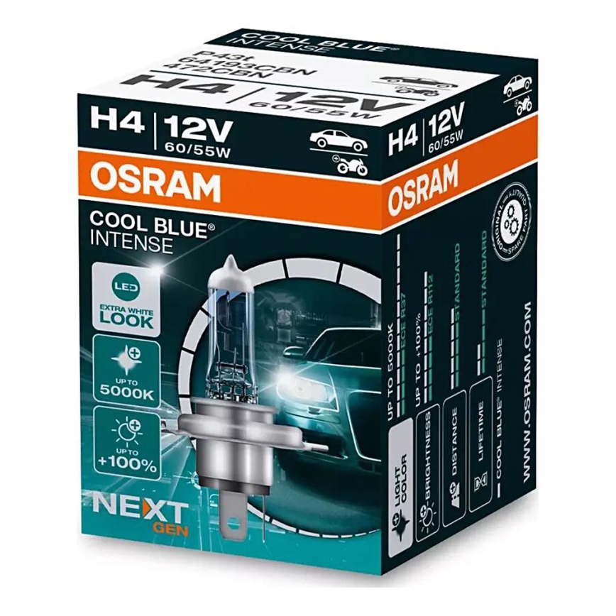 KOMPLEKT 2x Auto pirn COOL SININE H4 P43t/60/55W/12V 5000K - Osram