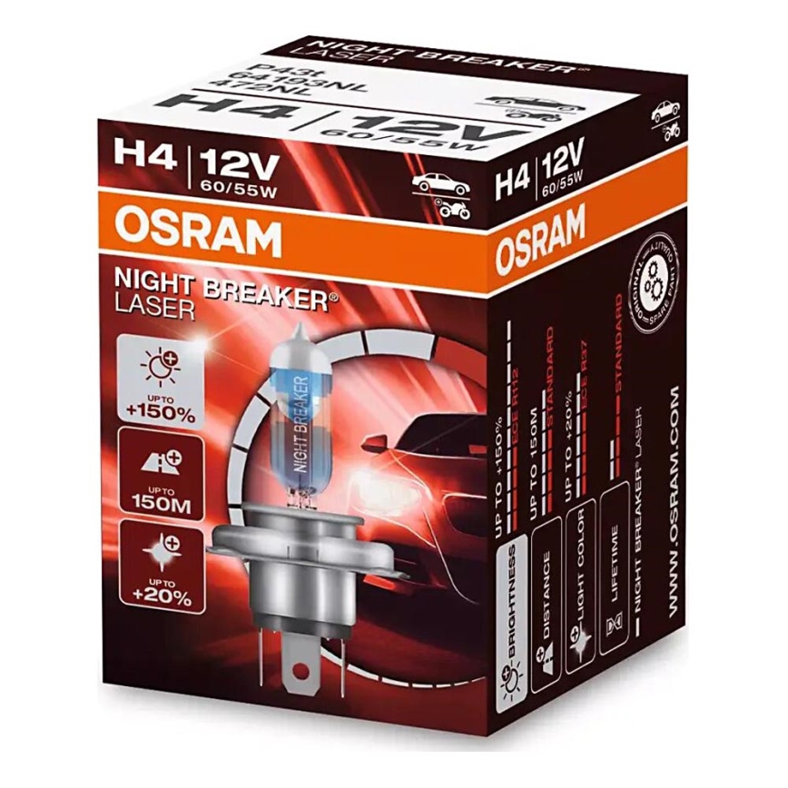 KOMPLEKT 2x Auto pirn NIGHT BREAKER H4 P43t/60/55W/12V 3900K - Osram