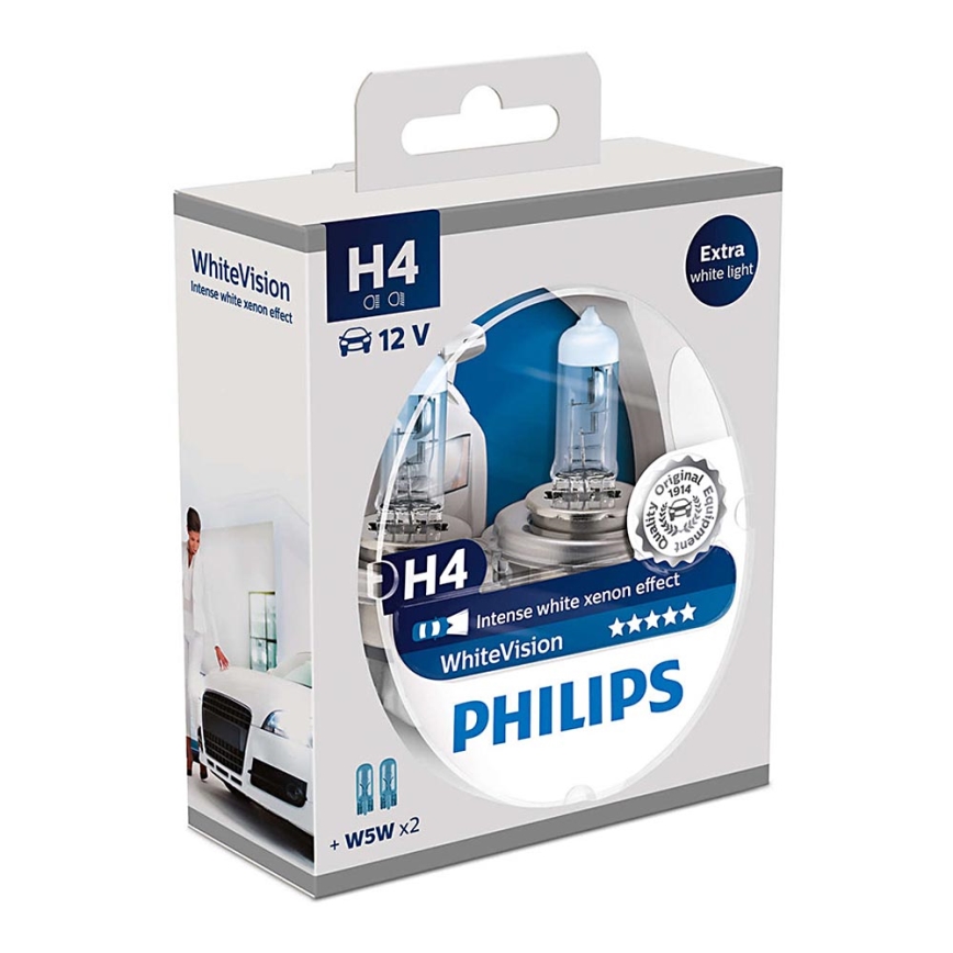 KOMPLEKT 2x Autopirn Philips WHITEVISION 12342WHVSM H4 PX26d/60W/55W/12V 3700K+2 asendipirni