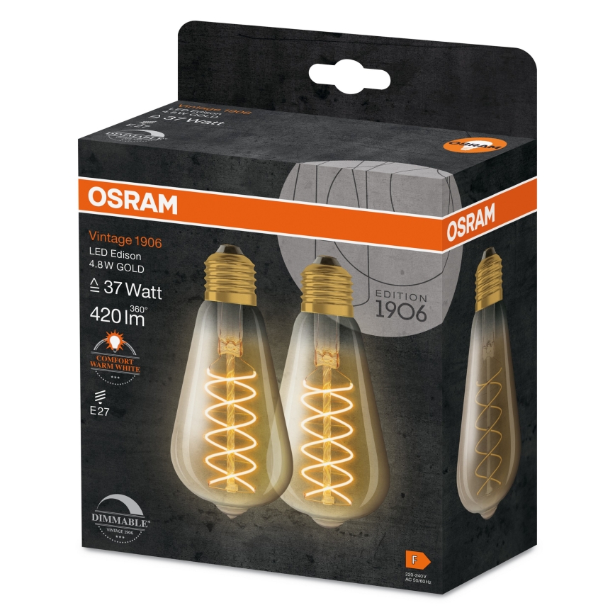Komplekt 2x hämardatav LED-pirn VINTAGE FILAMENT E27/7,8W/230V 1800K - Osram
