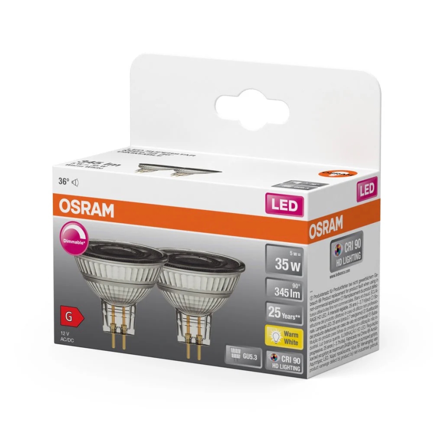 Komplekt 2× LED-hämardatavat MR16 reflektorpirni GU5,3/5W/12V 2700K 36° CRI 90 - Osram