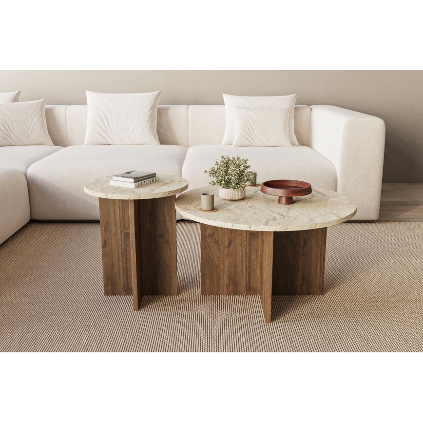 Komplekt 2x kohvilauad PURO Ø 40/70 cm, pähkel/beež
