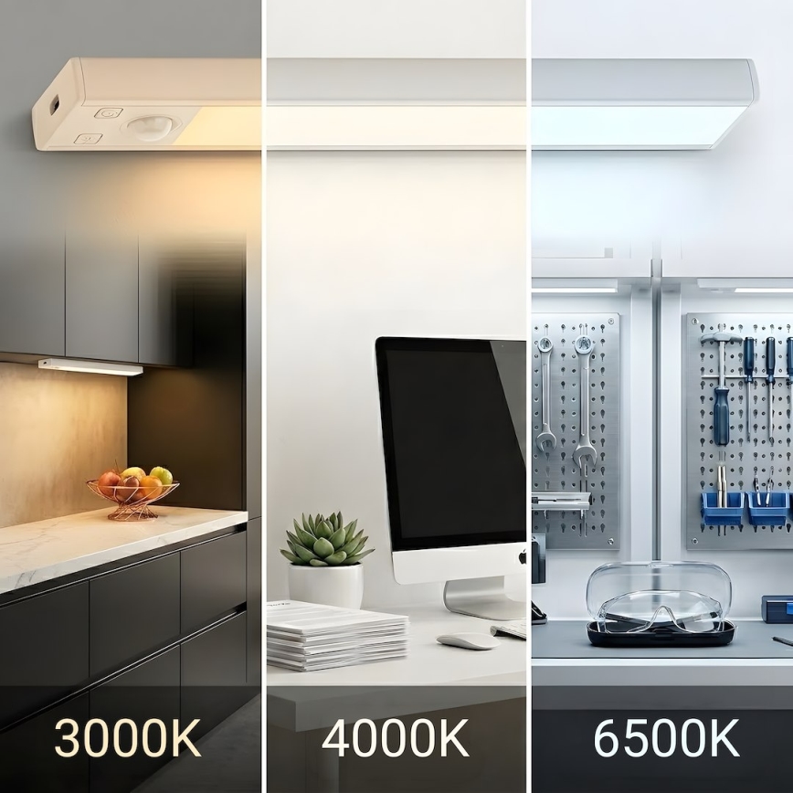 Komplekt 2x laetavad LED-mööblivalgustid liikumis- ja hämarussensoriga VIRO LED/1,2W/3,7V 800 mAh 3000/4000/6500K 30 cm valge