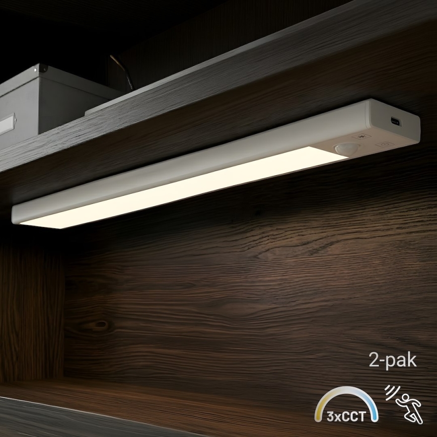 Komplekt 2x laetavad LED-mööblivalgustid liikumis- ja hämarussensoriga VIRO LED/1,2W/3,7V 800 mAh 3000/4000/6500K 30 cm valge
