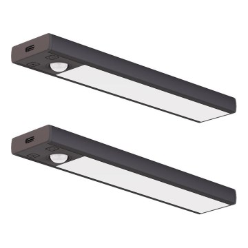 Komplekt 2x laetavaid VIRO LED-mööblivalgusteid liikumis- ja hämarussensoriga, LED/1W/3,7V 800 mAh, 3000/4000/6500K, 20 cm, must