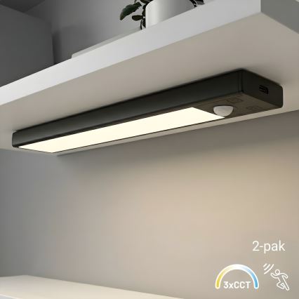 Komplekt 2x laetavaid VIRO LED-mööblivalgusteid liikumis- ja hämarussensoriga, LED/1W/3,7V 800 mAh, 3000/4000/6500K, 20 cm, must