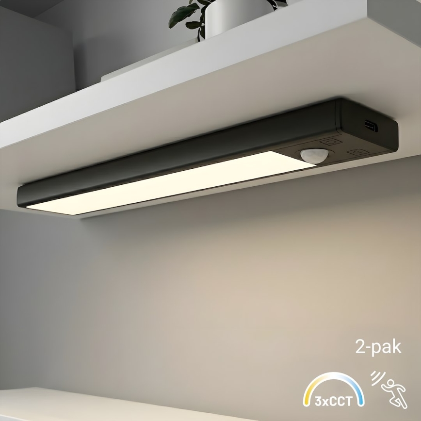 Komplekt 2x laetavaid VIRO LED-mööblivalgusteid liikumis- ja hämarussensoriga, LED/1W/3,7V 800 mAh, 3000/4000/6500K, 20 cm, must