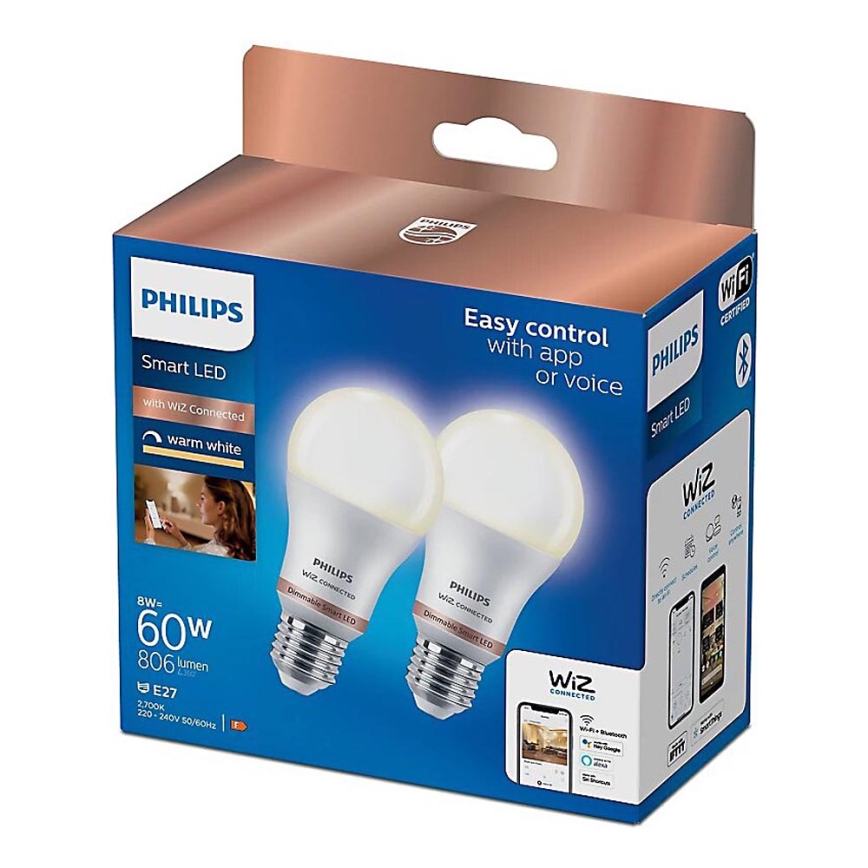 KOMPLEKT 2x LED Hämardatav pirn Philips A60 E27/8W/230V Wi-Fi