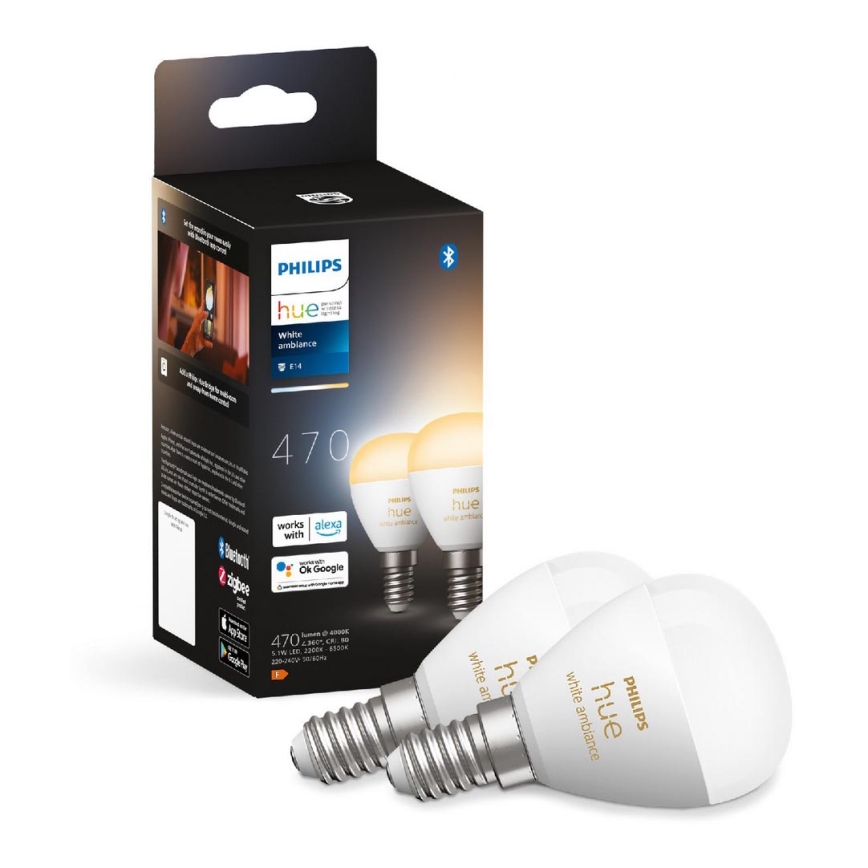 KOMPLEKT 2x LED Hämardatav pirn Philips Hue WHITE AMBIANCE P45 E14/5,1W/230V 2200-6500K