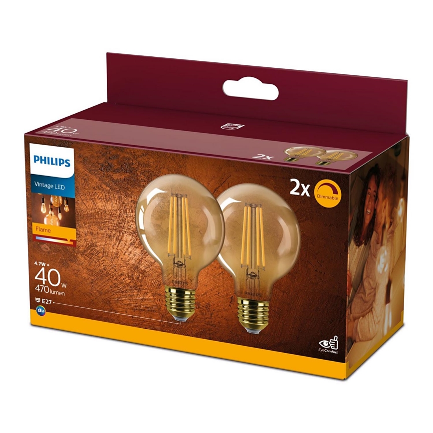 KOMPLEKT 2x LED Hämardatav pirn VINTAGE Philips G80 E27/4,7W/230V 2200K