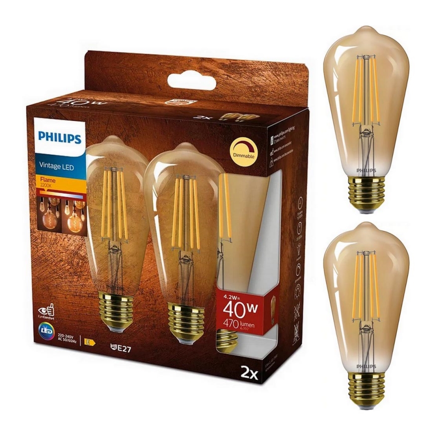 KOMPLEKT 2x LED Hämardatav pirn VINTAGE Philips ST64 E27/4,2W/230V 2200K
