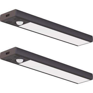 KOMPLEKT 2x LED laetav mööblivalgusti liikumis- ja hämarusanduriga VIRO LED/1W/3,7V 800 mAh 3000/4000/6500K 20 cm must