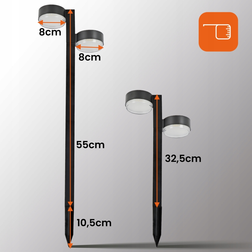 Komplekt 2x LED päikeselampe 2xLED/1W/3,7V 1200 mAh 55 cm IP65 must