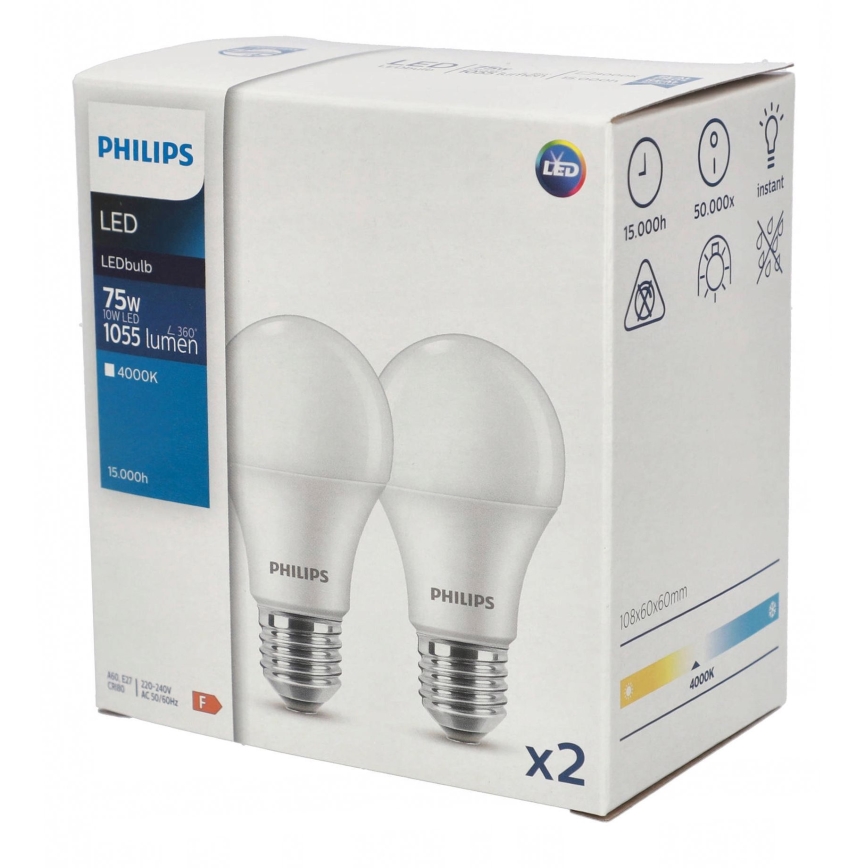 KOMPLEKT 2x LED Pirn Philips A60 E27/10W/230V 4000K