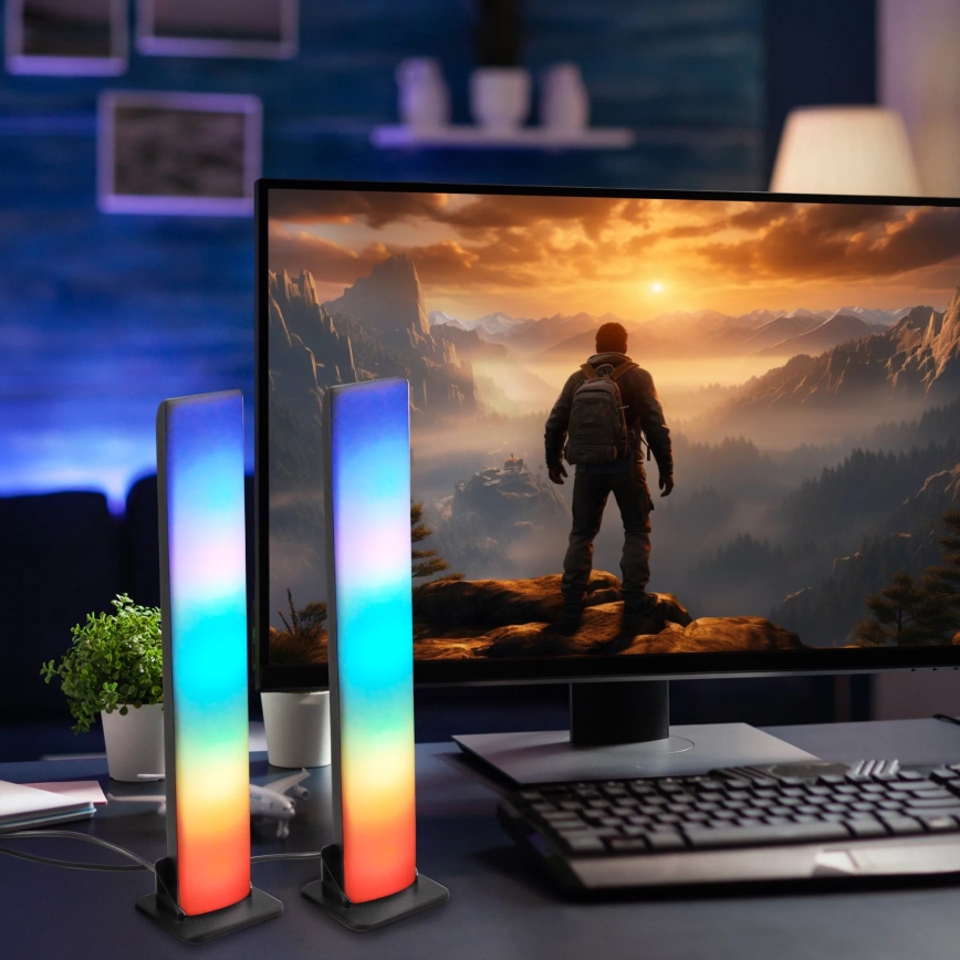 KOMPLEKT 2x LED RGB Hämardatav laualamp GAMER LED/5W/5V + kaugjuhtimispult