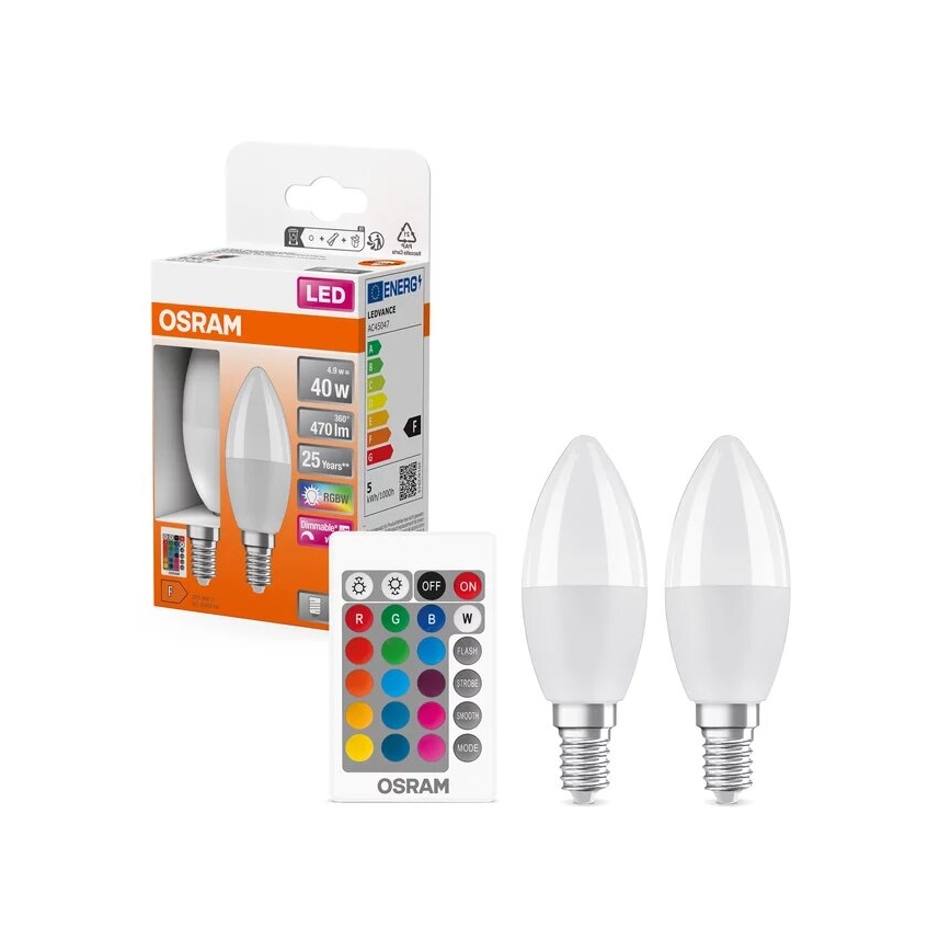 KOMPLEKT 2x LED RGBW Hämardatav pirn B38 E14/4,9W/230V 2700K + kaugjuhtimispult - Osram