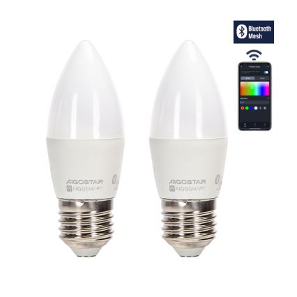 KOMPLEKT 2x LED RGBW Hämardatav pirn MESH Nutikas C37 E27/6,5W/230V 2700-6500K + kaugjuhtimispult - Aigostar