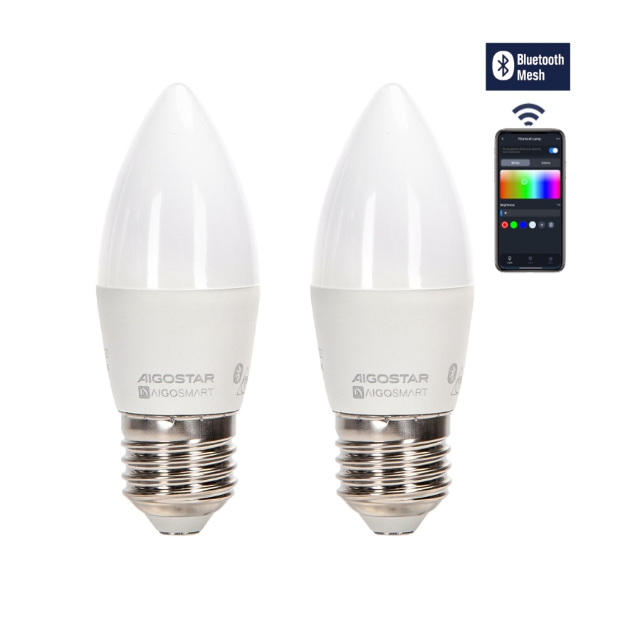KOMPLEKT 2x LED RGBW Hämardatav pirn MESH Nutikas C37 E27/6,5W/230V 2700-6500K + kaugjuhtimispult - Aigostar