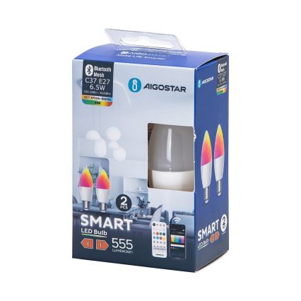 KOMPLEKT 2x LED RGBW Hämardatav pirn MESH Nutikas C37 E27/6,5W/230V 2700-6500K + kaugjuhtimispult - Aigostar