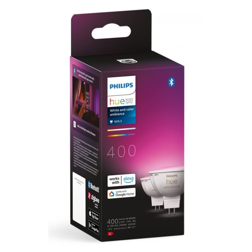 KOMPLEKT 2x LED RGBW Hämardatav pirn Philips Hue White And Color Ambiance GU5,3/MR16/6,3W/12V 2000-6500K