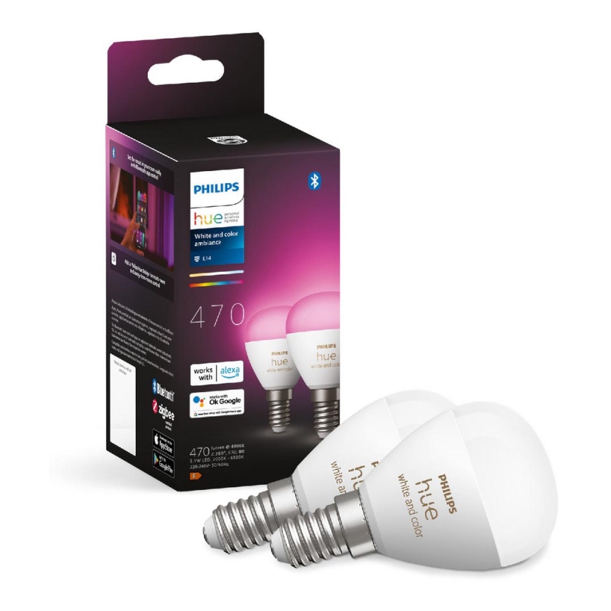 KOMPLEKT 2x LED RGBW Hämardatav pirn Philips Hue White And Color Ambiance P45 E14/5,1W/230V 2000-6500K