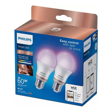 KOMPLEKT 2x RGB LED Hämardatav pirn Philips A60 E27/8W/230V Wi-Fi