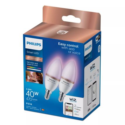 Komplekt 2x LED RGB hämardatav pirn Philips SMART C37 E14/4,9W/230V 2200-6500K CRI 90