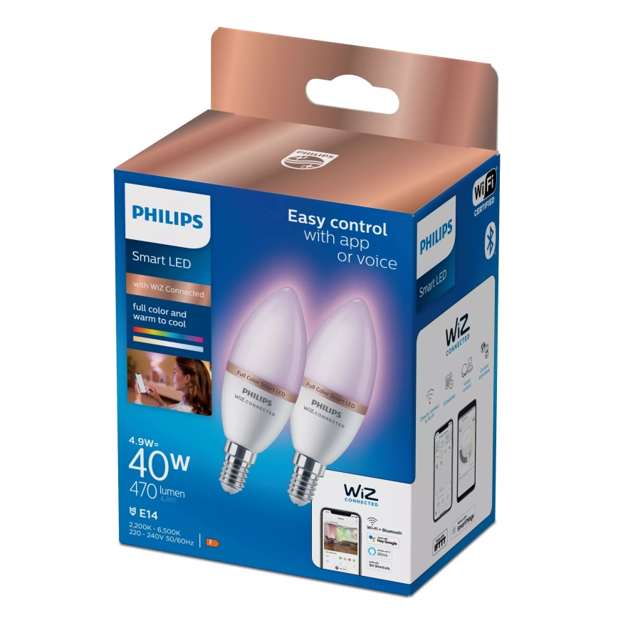 Komplekt 2x LED RGB hämardatav pirn Philips SMART C37 E14/4,9W/230V 2200-6500K CRI 90