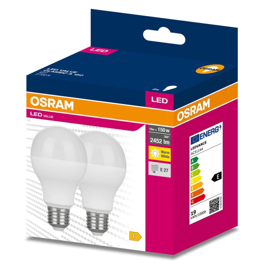 Komplekt 2x VALUE CLASSIC LED-pirni E27/19W/230V 2700K - Osram