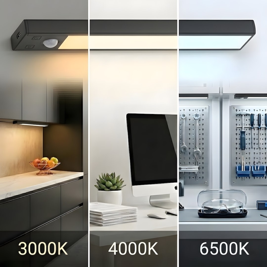 Komplekt 2x laetavat VIRO LED mööblivalgustit liikumis- ja hämarusanduriga LED/1,2W/3,7V 800 mAh 3000/4000/6500K 30 cm must