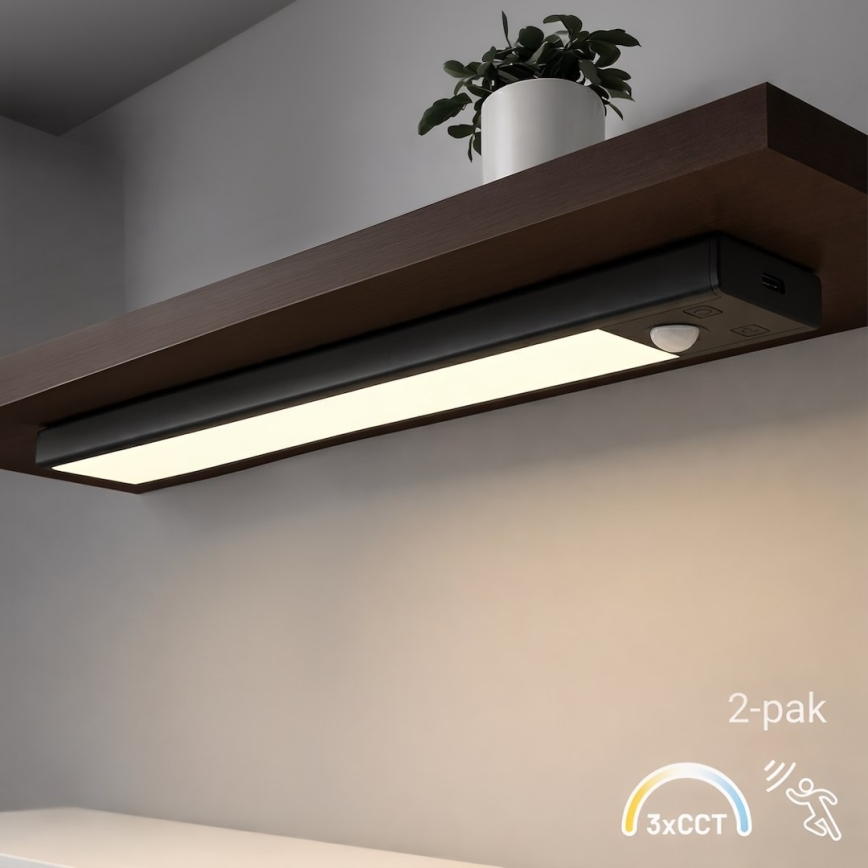 Komplekt 2x laetavat VIRO LED mööblivalgustit liikumis- ja hämarusanduriga LED/1,2W/3,7V 800 mAh 3000/4000/6500K 30 cm must