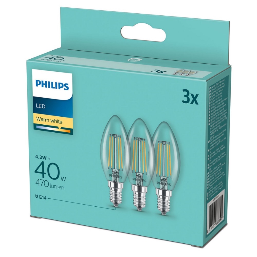 Komplekt 3 x LED Pirn Philips B35 E14/4.3W/230V 2,700K