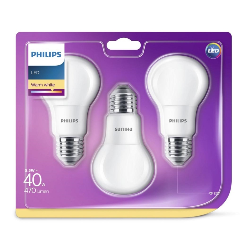 Komplekt 3 x LED Pirn Philips E27/5,5W/230V 2700K