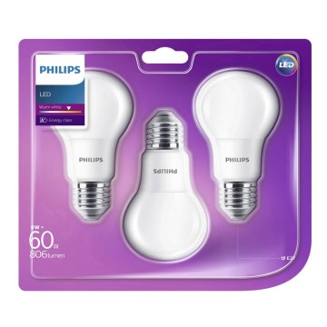 Komplekt 3 x LED Pirn Philips E27/8W/230V 2700K