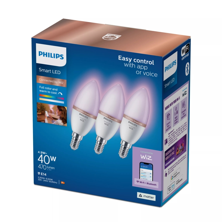 Komplekt 3x LED RGB hämardatavad pirnid Philips SMART C37 E14/4,9W/230V 2200-6500K CRI 90