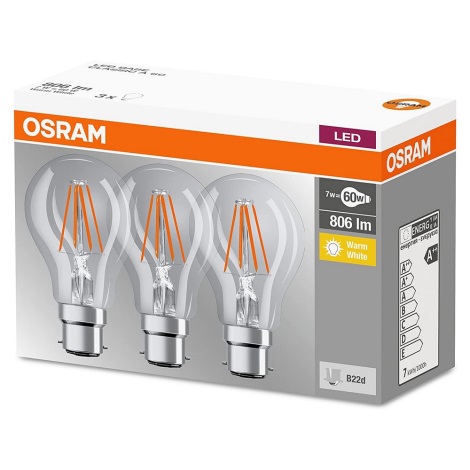 KOMPLEKT 3x LED Pirn B22d/7W/230V 2700K - Osram