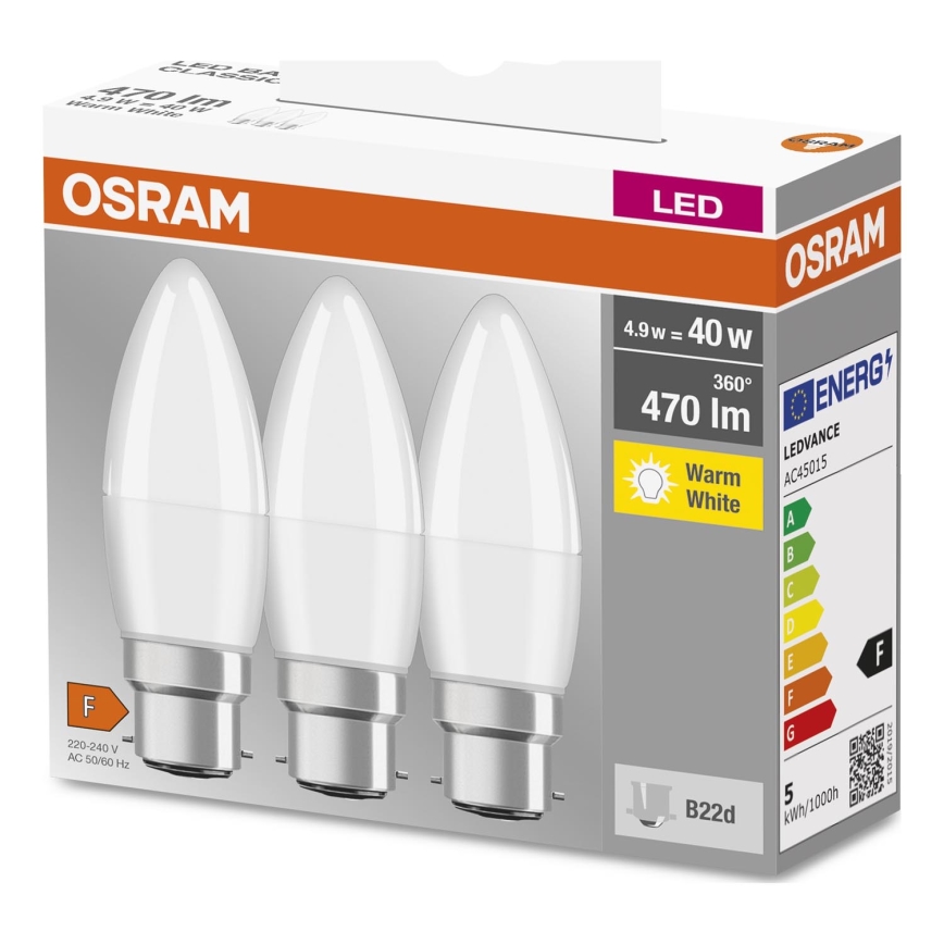KOMPLEKT 3x LED Pirn B38 B22d/4,9W/230V 3000K - Osram